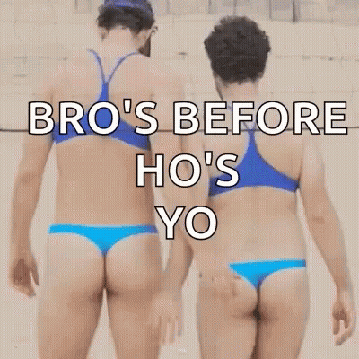 Two Men In Bikinis With The Words Bro 'S Before Ho 'S Yo Written On The Bottom GIF