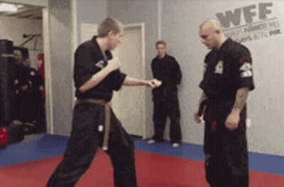 Two Men In Black Karate Uniforms In Front Of WFF Wall GIF