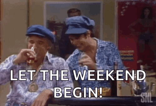 Two Men In Blue Hats Drinking Beer And Laughing GIF