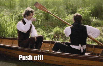 Two Men In Boat Saying Push Off GIF
