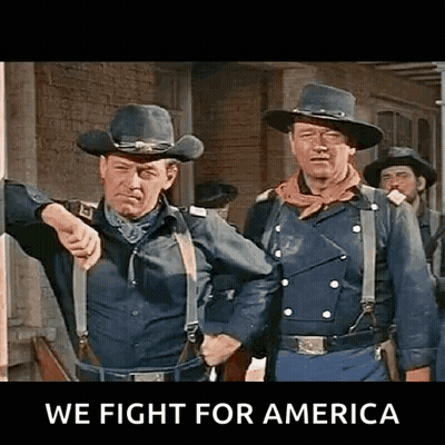 Two Men In Cowboy Hats And Suspenders Pointing GIF