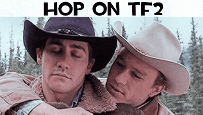 Two Men In Cowboy Hats Are Hugging Each Other With The Words Hop On Tf2 Written Above Them . GIF