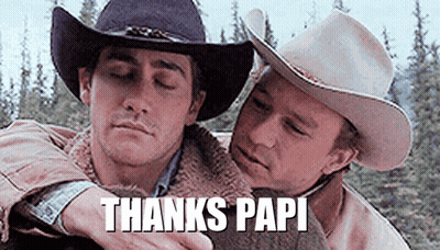 Two Men In Cowboy Hats Are Hugging Each Other With The Words `` Thanks Papi '' Written On The Bottom . GIF