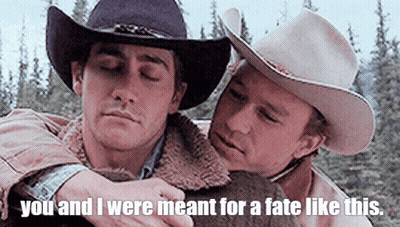 Two Men In Cowboy Hats Are Hugging Each Other With The Words `` You And I Were Meant For A Fate Like This '' . GIF