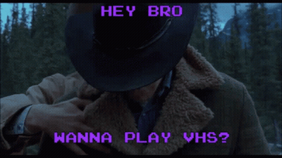 Two Men In Cowboy Hats Hugging With The Words Hey Bro Wanna Play Vhs GIF