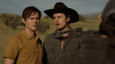 Two Men In Cowboy Hats In Field GIF