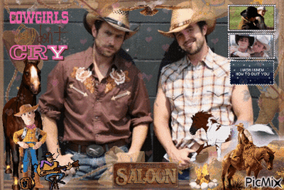 Two Men In Cowboy Hats With Saloon Sign GIF