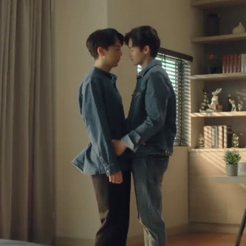 Two Men In Denim Jackets Are Standing Next To Each Other In A Living Room Holding Hands . GIF