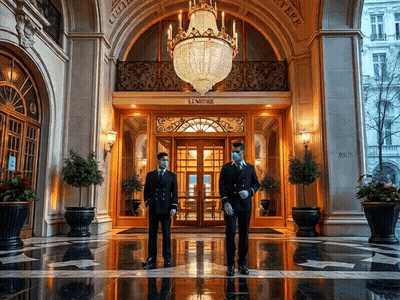 Two Men In Face Masks In Front Of L'Établissement GIF