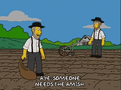 Two Men In Field With Aye Someone Needs The Amish GIF