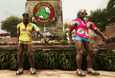 Two Men In Front Of Arkangels Market Sign GIF