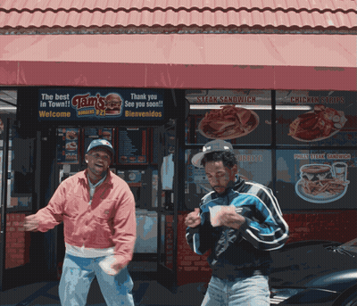 Two Men In Front Of Clam's Burgers GIF