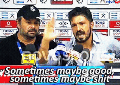 Two Men In Front Of Microphones With The Words " Sometimes Maybe Good Sometimes Maybe Shit " On The Bottom GIF