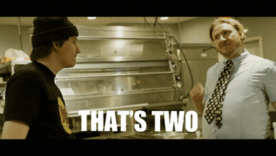 Two Men In Front Of Pizza Oven Saying That's Two GIF