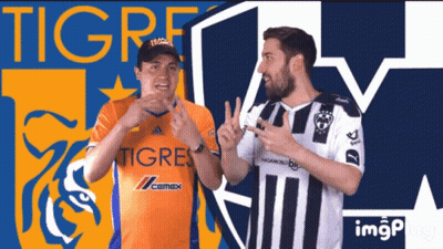 Two Men In Front Of Tigres And Rayados Logo GIF