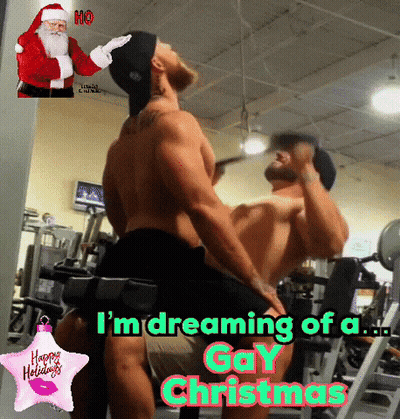 Two Men in Gym Saying I'm Dreaming of a Gay Christmas
