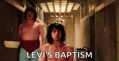 Two Men In Hallway Levi's Baptism GIF