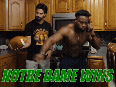 Two Men In Kitchen Notre Dame Wins Green GIF