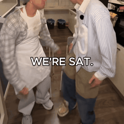 Two Men In Kitchen Saying We're Sat GIF