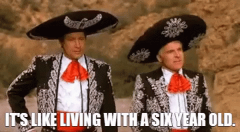 Two Men In Mariachi Costumes Are Standing Next To Each Other And Saying `` It 'S Like Living With A Six Year Old '' . GIF