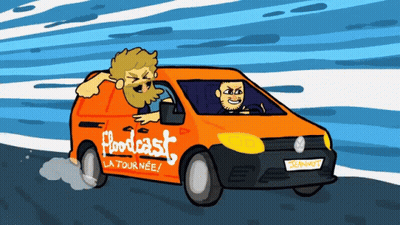 Two Men In Orange Van Saying Podcast La Tournee GIF