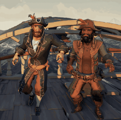 Two Men In Pirate Costumes On Wooden Deck GIF