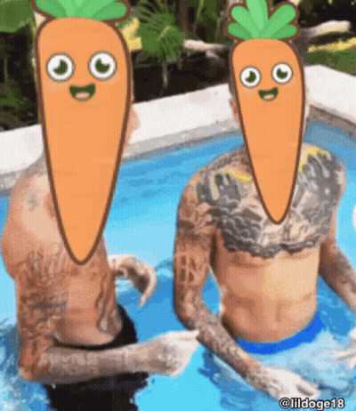 Two Men In Pool With Carrot Faces GIF