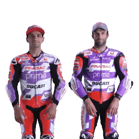Two Men In Purple And Red Ducati Racing Suits Sticker