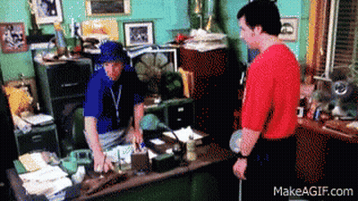 Two Men In Red And Blue Shirts In Office With Makeagif.com GIF