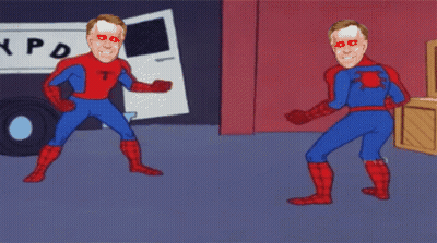 Two Men In Spiderman Costumes Are Dancing In Front Of A Xpd Van GIF