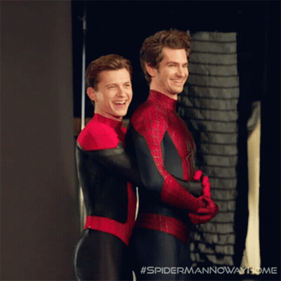Two Men In Spiderman Costumes Hugging #Spidermannowawayhome GIF