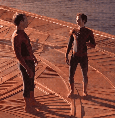 Two Men In Spiderman Costumes Standing On Wood GIF