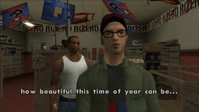 Two Men In Store Saying How Beautiful This Time Of Year Can Be GIF