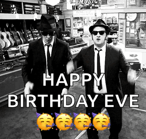 Two Men In Suits And Hats Are Dancing In A Store With The Words Happy Birthday Eve Above Them GIF