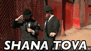 Two Men In Suits And Hats Are Standing Next To Each Other In Front Of A Fence . GIF