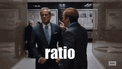 Two Men In Suits And Ties Are Standing In A Hallway And The Word Ratio Is On The Wall Behind Them GIF