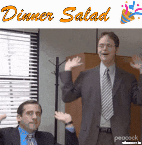 Two Men In Suits And Ties Are Waving Their Hands In Front Of A Sign That Says Dinner Salad GIF