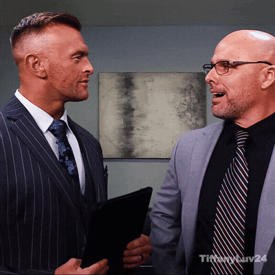 Two Men In Suits And Ties Standing Next To Each Other With Tiffany Buy24 Written On The Bottom Right GIF