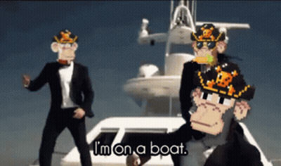 Two Men In Suits Are Dancing In Front Of A Boat With The Words I 'M On A Boat On The Bottom GIF