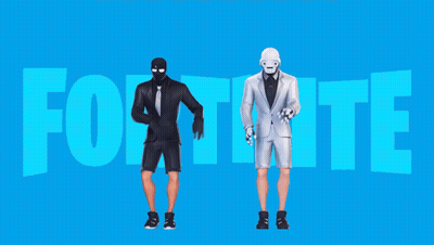Two Men In Suits Are Standing In Front Of A Blue Background That Says Fortnite GIF