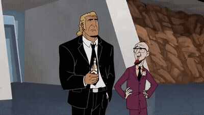 Two Men In Suits Are Standing Next To Each Other With One Holding A Beer GIF