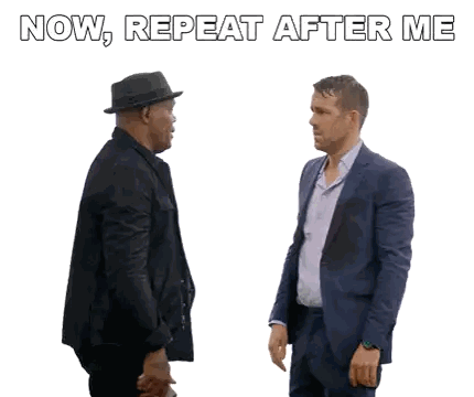 Two Men In Suits Are Standing Next To Each Other With The Words Now Repeat After Me Above Them Sticker