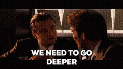 Two Men In Suits Are Talking And The Words We Need To Go Deeper Are On The Screen GIF