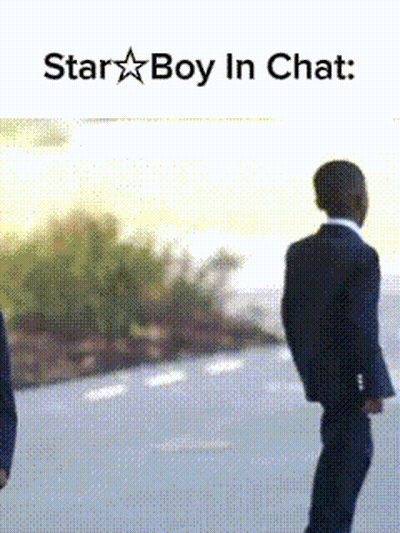 Two Men In Suits Are Walking Down A Street With The Words Star Boy In Chat Written Above Them GIF