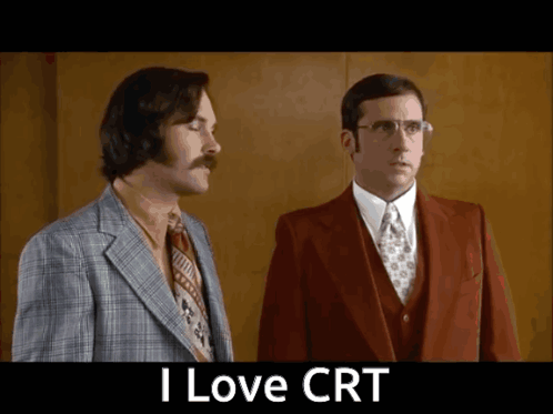 Two Men In Suits Standing Next To Each Other With The Words I Love Crt Written Below Them GIF