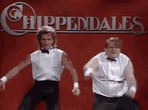 Two Men In Tuxedos Are Dancing In Front Of A Sign That Says `` Chippendale '' . GIF
