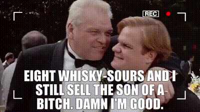 Two Men In Tuxedos Are Hugging Each Other With The Words Eight Whisky Sours And Still Sell The Son Of A Bitch . GIF