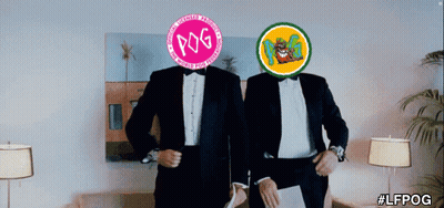 Two Men In Tuxedos Are Standing Next To Each Other And One Has A Pink Circle With The Word Pog In It GIF