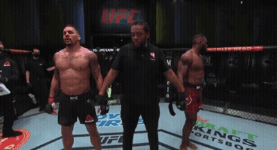 Two Men In UFC Ring Holding Hands With Referee GIF