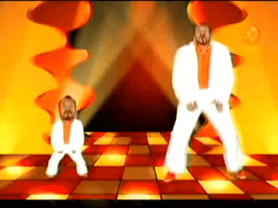 Two Men In White Suits Dancing On Tiled Floor GIF